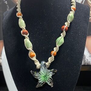 Handcrafted Starfish Glass W/ Green Ceramic Beads and Wood Pendant Necklace